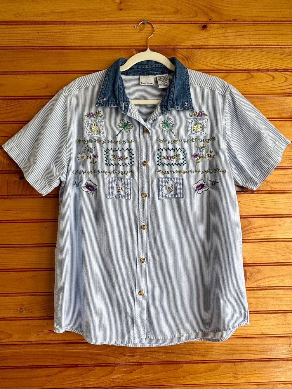Vintage Bobbie Brooks Button Up Shirt Embroidered Floral Stripe Denim Collar L